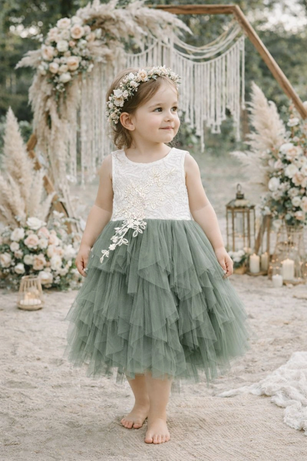 UK Flower Girl Boutique Boho Dreams Tutu Dress - Sage Green Applique