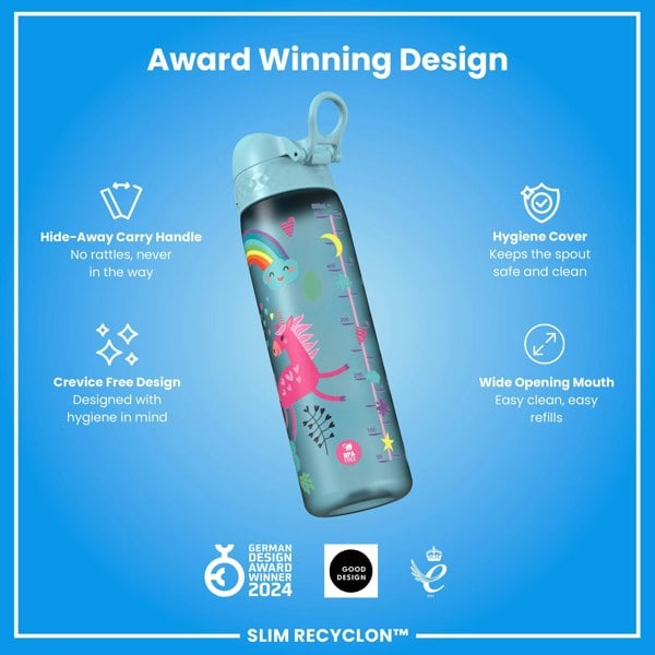 ION8 Leak Proof Slim Water Bottle, Recyclon, Blue Unicorns, 500ml (18oz)