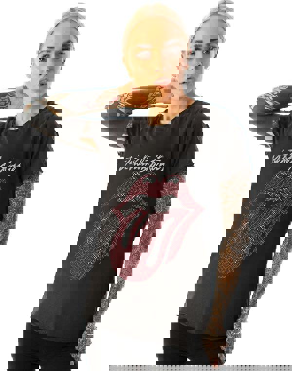 Amplified Clothing Womens Grey Rolling Stones Tongue Logo Short Sleeved T-Shirt