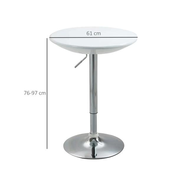 White round bar table with silver height-adjusting column and wide circular base