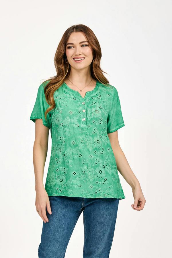 Mudflower Acid Wash Embroidery Anglaise Embellished Top