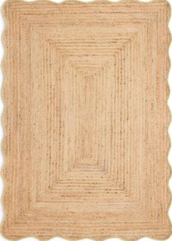 Beige braided rug with a rectangular pattern on a plain background