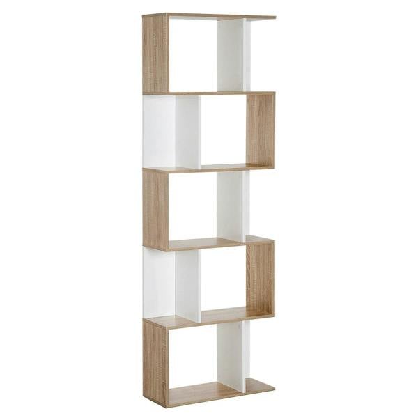 S-shaped wooden bookshelf with 5 open tiers, oak shelves and white frame