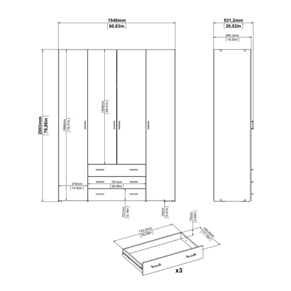 Wyld Haus Munich White Wooden Wardrobe 4 Doors 3 Drawers 3 Shelves