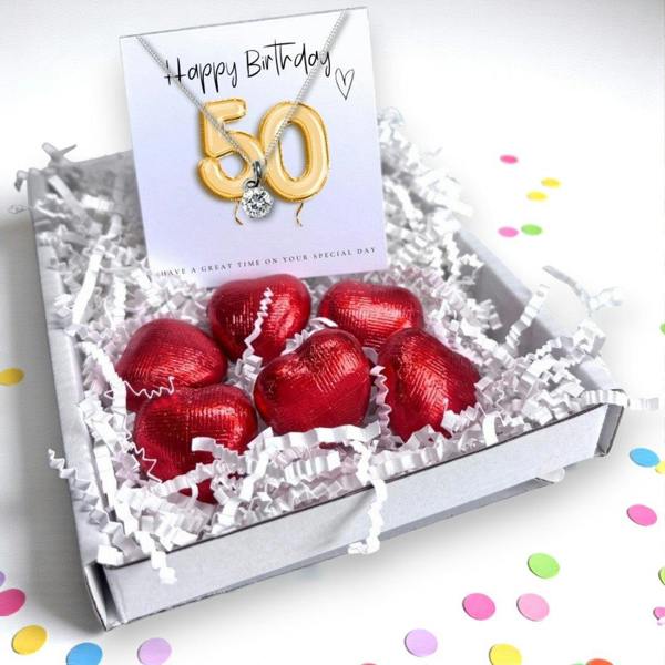 Aye Do Gifts 50th Birthday Necklace Gift Box, Silver Cubic Zirconia & Chocolates