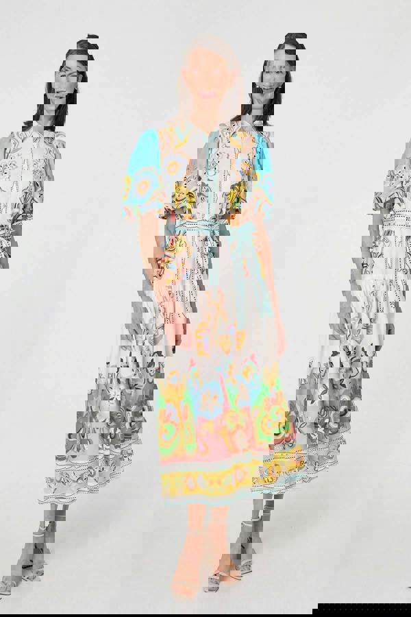 Beige | Abstract Border Tie Waist Midi Dress