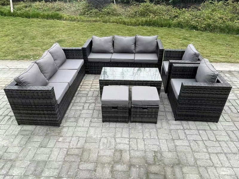 Fimous Outdoor Rattan Garden Furniture Lounge Sofa Set With Oblong Rectagular Coffee Table 2 PC Arm Chair 2 Stools