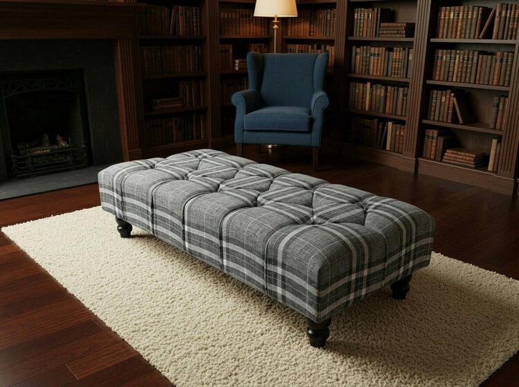 ISTOOLS Grey & Black Tartan Footstool – Chesterfield Ottoman Stool for Living Room UK - 30 x 20 Inches (76 x 51cm)