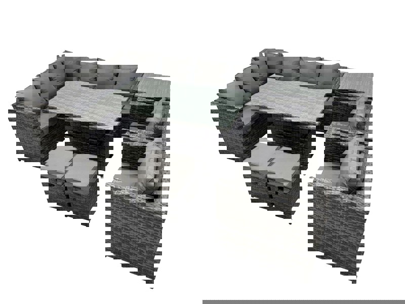 Fimous 10 seater Height Adjustable Rising Table Corner Sofa Set Rattan Garden Furniture Dining Set with 2 Small Stool Side Table Dark Grey Mixed