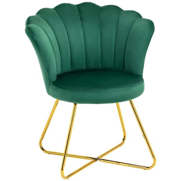 Green velvet-feel petal accent chair with rounded arms and gold sled legs