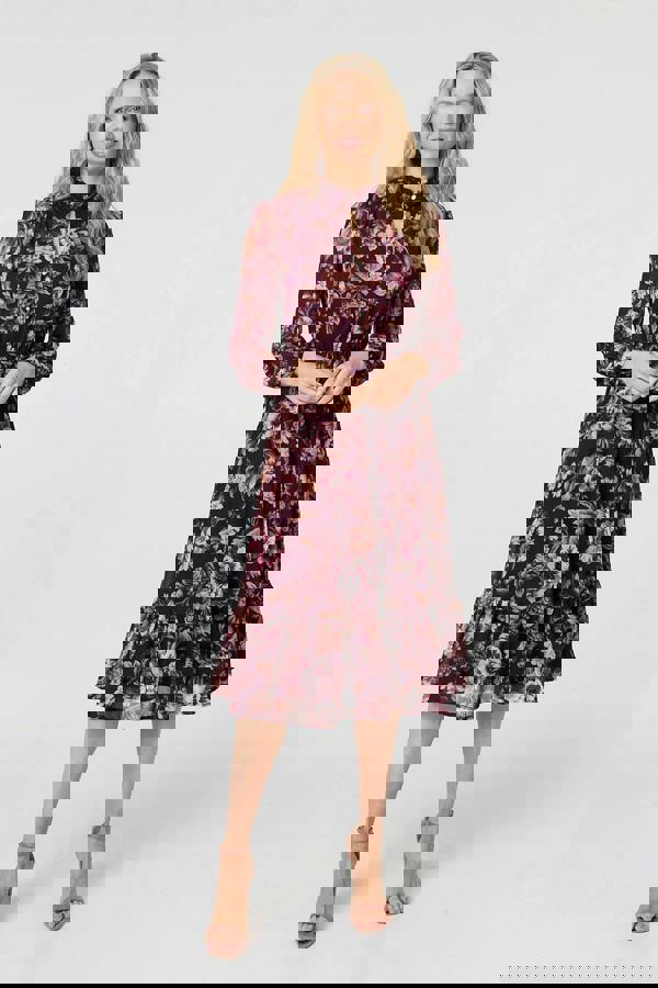 Burgundy | Floral Semi Sheer Mesh Layer Midi Dress