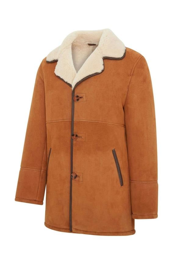 Infinity Leather Mens Tan Shearling Sheepskin Car Coat - Cordova