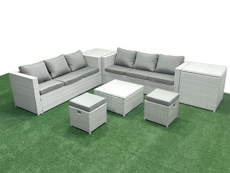 Fimous Rattan Garden Outdoor Furniture Set 8 Seater Rattan Garden Sofa Set with 2 Small Footstool 2 Side Tables Light Grey Mixed