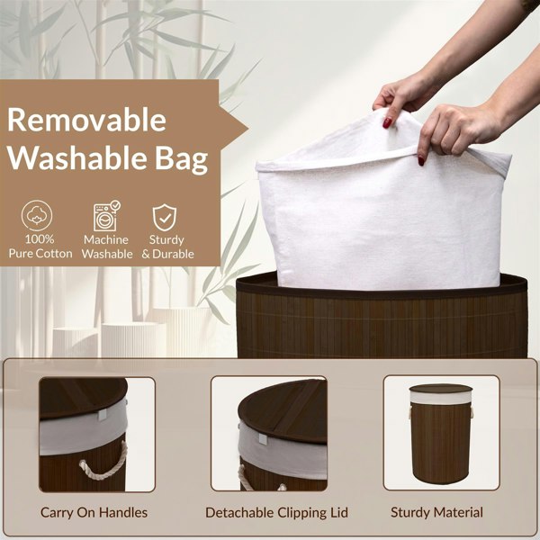 MANTRARAJ 50L Folding Bamboo Laundry Basket Bin Hamper Basket Storage Organizer With Lid And Removable Bag (Dark Brown)