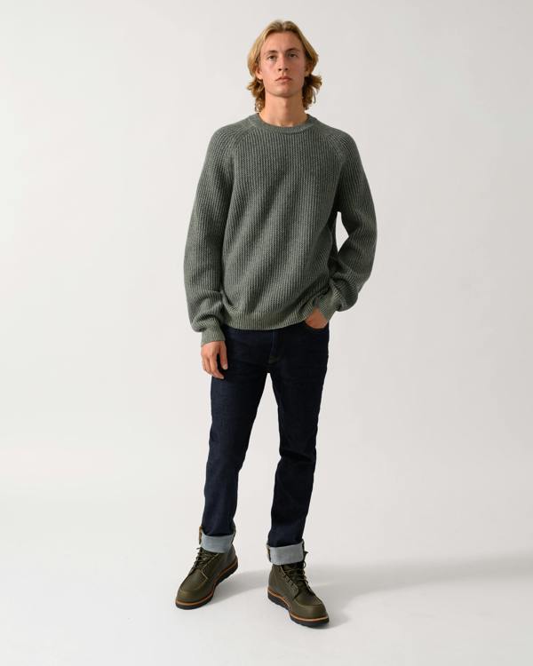 full length of a model wearing a BOSS Orange Kepler Mens Crew Neck Jumper in Open Green 370