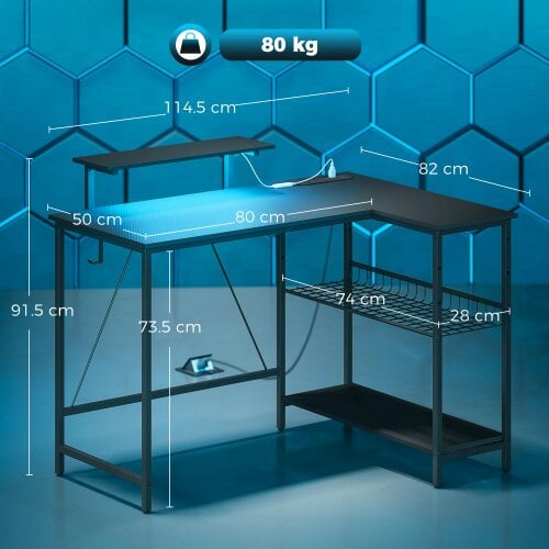 HOMCOM 114.5 cm L-Shaped Gaming Desk, Computer Desk with LED Lights, Black