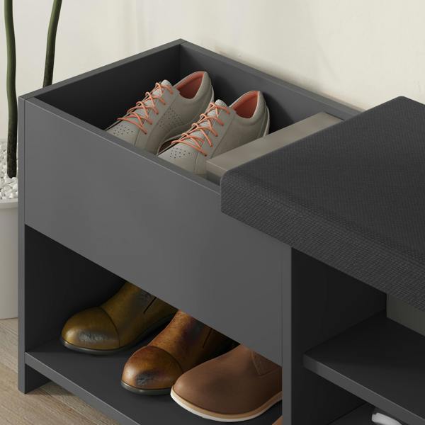 Decortie Modern Filux Shoe Bench Rack Sliding Fabric Seat and 120.3(W) Storage Cabinet 2-Tier Open Shelves Hallway