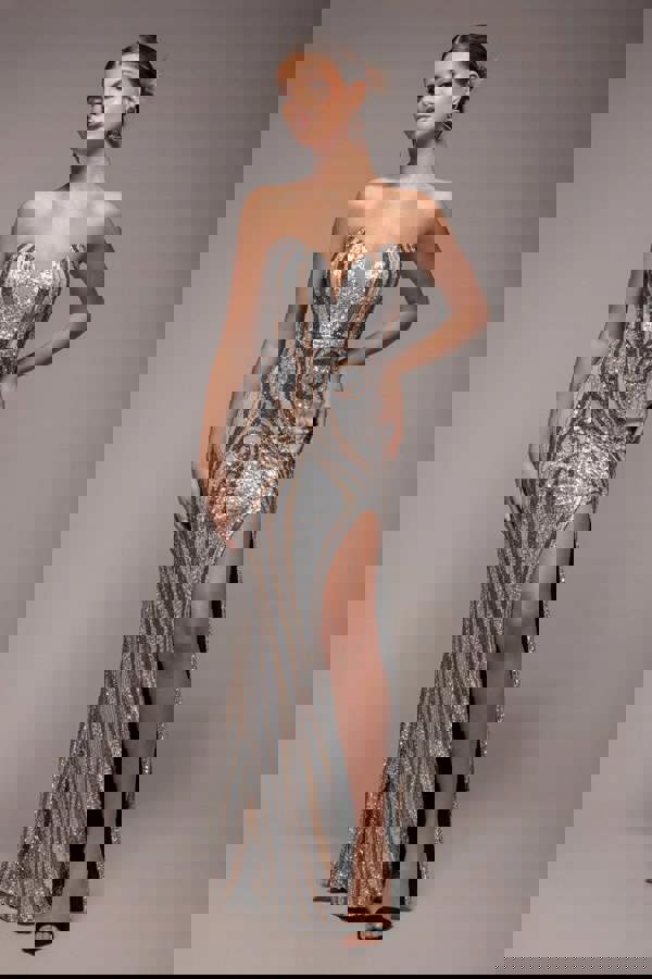 Strapless Multi Sequin Maxi Dress - Champagne DR4566