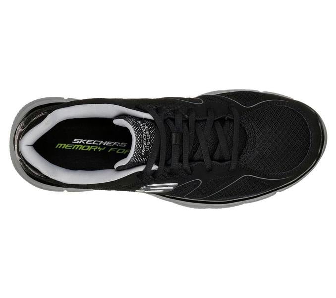 Skechers Verse-Flash Point Mens Sports Gym Walking Lace Up Trainers, black athletic sneakers with breathable mesh upper and cushioned insole.