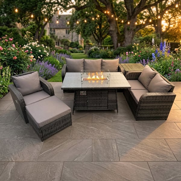 Fimous Garden Patio Furniture Wicker Rattan Gas Fire Pit Table and Sofa Chair set with Side Table Big Footstool