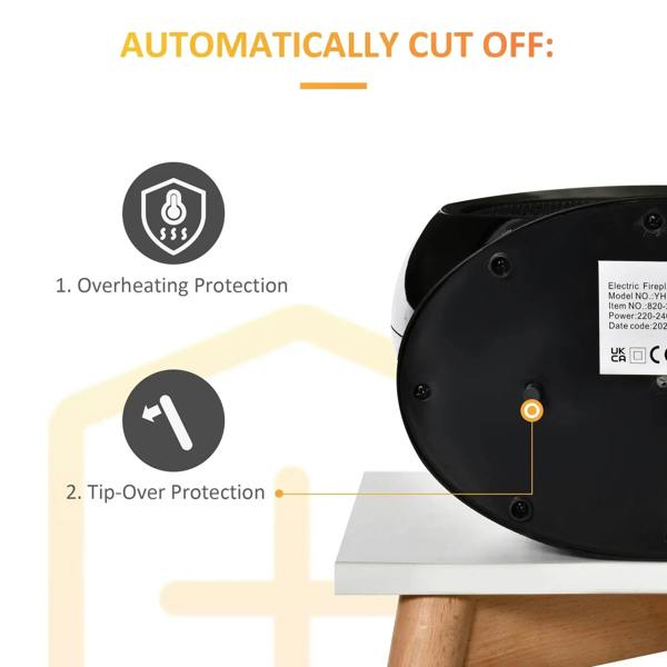 Black electric fireplace heater safety protection icons for overheating and tip-over