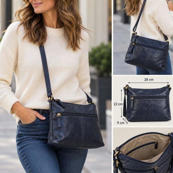 London Leathergoods Leather Multi Pocket Crossbody Bag with 3 Front Zips