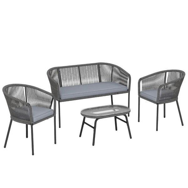 4 Piece Garden Furniture Set, Rope Garden Sofa Set with 1 Loveseat 2 Chairs Tempered Glass Table Cushions, Dark Grey