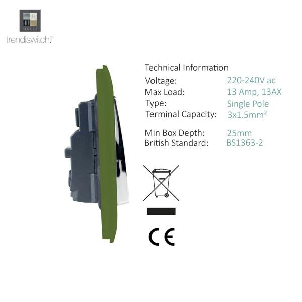 Trendi Switch 1 Gang 13 Amp Switched Plug Socket in Moss Green