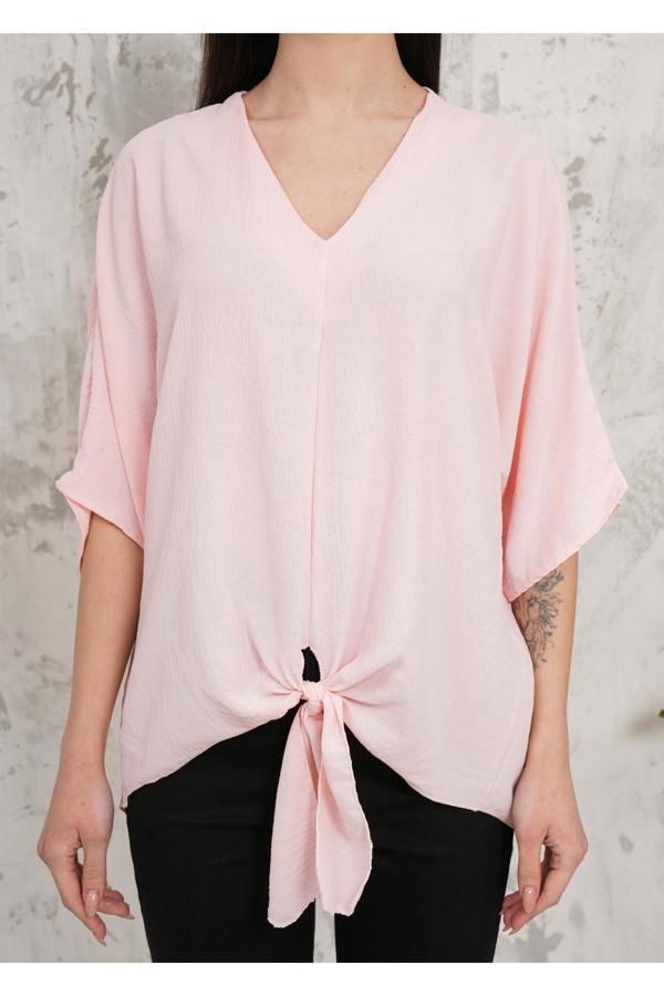 Hoxton Gal Oversized V Neck Tie Front Detailed Blouse with 3/4 Sleeves in Pink