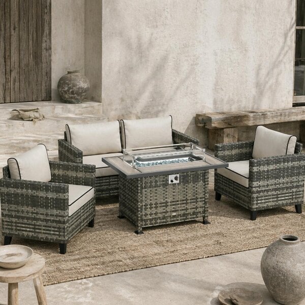 Wyld Haus Nerato Grey Rattan 4 Seater Garden Furniture Set With Gas Fire Pit Table