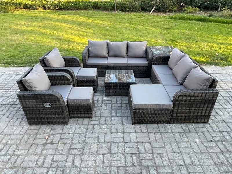 Fimous High Back Rattan Garden Furniture Set with Square Coffee Table 3 Footstools Side Table Indoor Outdoor Patio Lounge Sofa Set Dark Grey Mixed