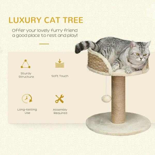 Beige cat scratching tower with plush top perch, sisal post, and hanging ball