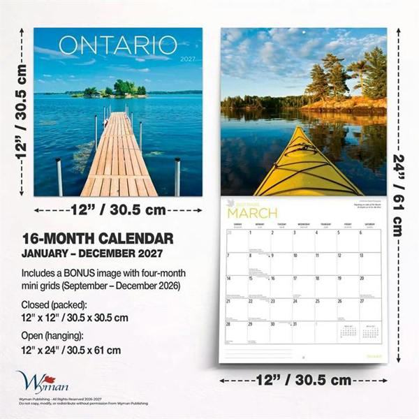 Ontario Calendar 2027, Wall Calendars, Month To View, Travel, Gift
