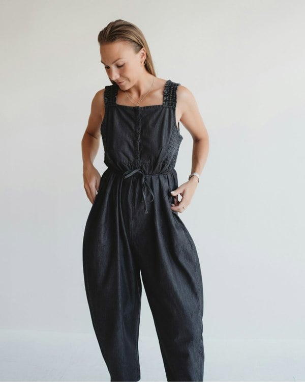 Alice Black Denim Smocking Strap Jumpsuit- image 1