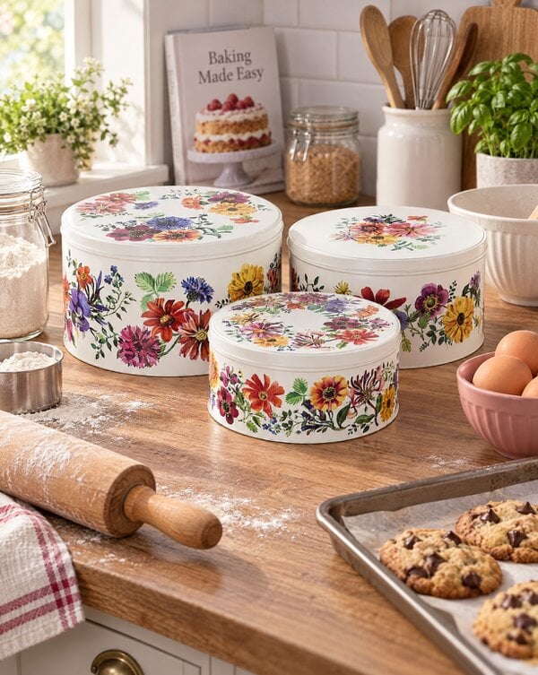 Museum Selection Cake Tins, Metal Cream, Garden Flower Set of Three
