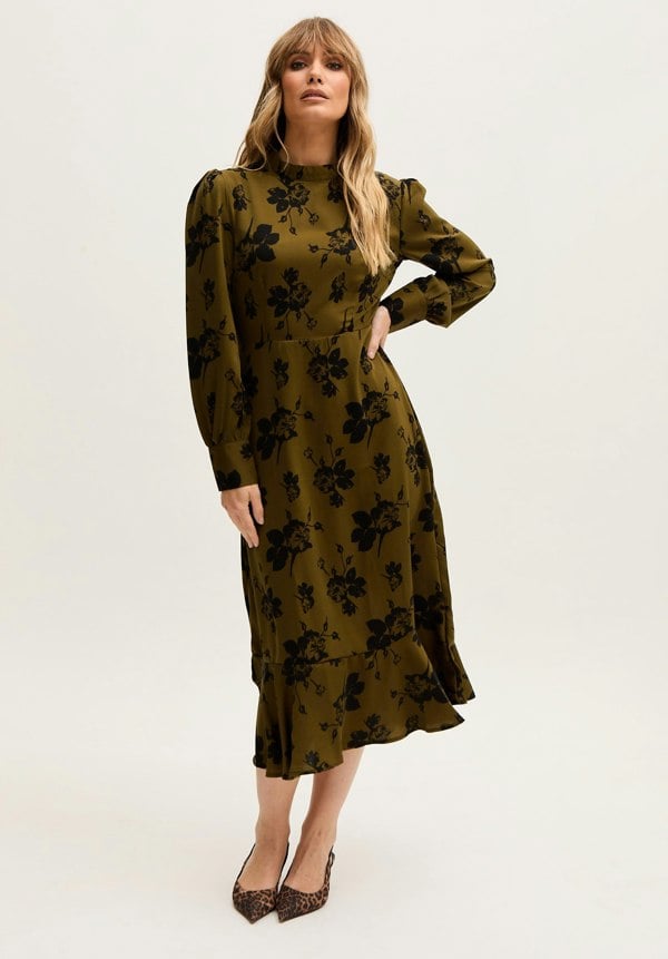 Scarlett High Neck Floral Print Midi Dress in Khaki- image 1