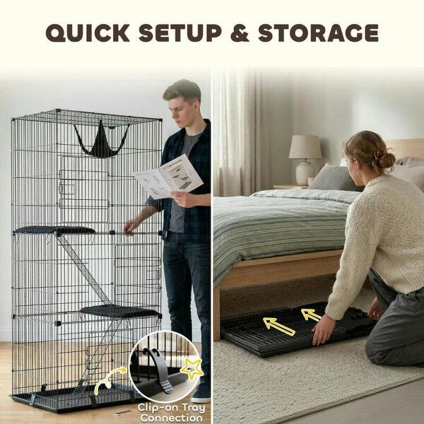 3-Tier Large Cat Cage Indoor, Detachable Metal Wire Kennel with Hammock, Platforms, Tray and Cushions for 1-2 Kittens