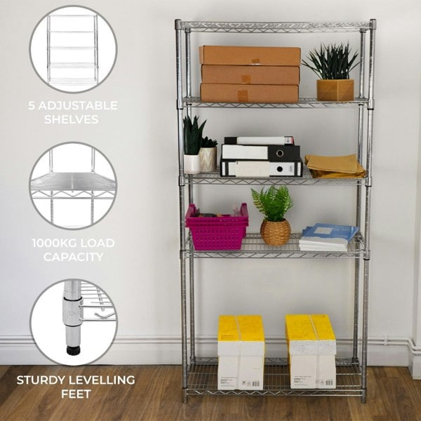 KuKoo Wire Racking with five adjustable shelves, sturdy leveling feet, and a 1000kg load capacity, ideal for storage and organization