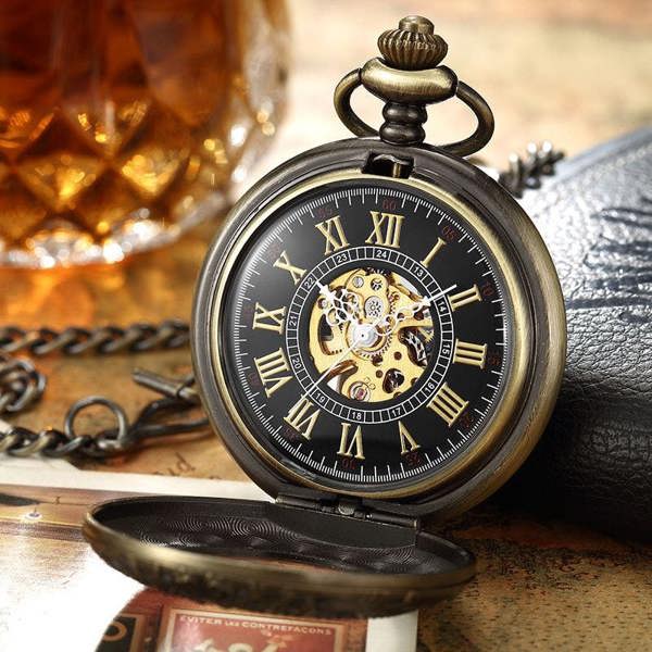 Infinity Leather Vinatage Mechanical Alloy Skeleton Half Hunter Pocket Watch