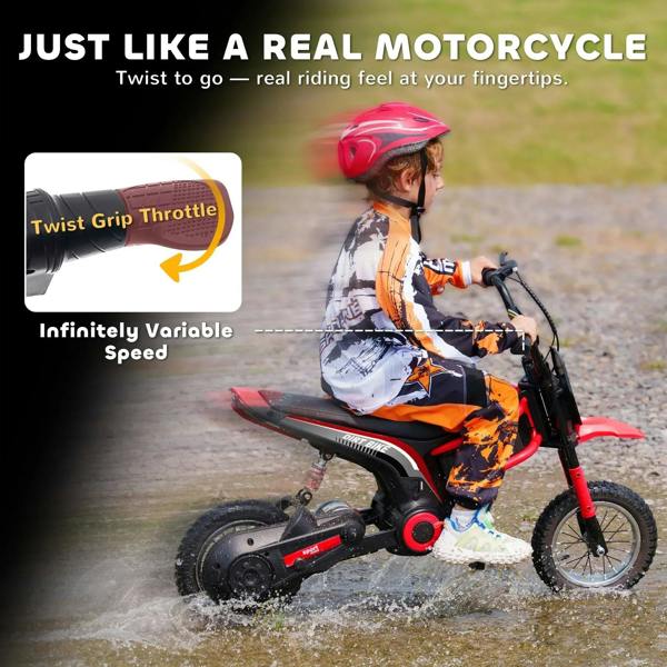 Red electric kids motorbike with rear fender, seat, and knobby tires