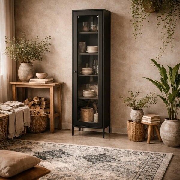 Wyld Haus Frank Black Steel Cabinet Glass Door 4 Shelves