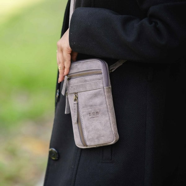 Real Hide Bags 'BROOKE' Grey Distressed Real Leather Mobile Phone Crossbody Bag