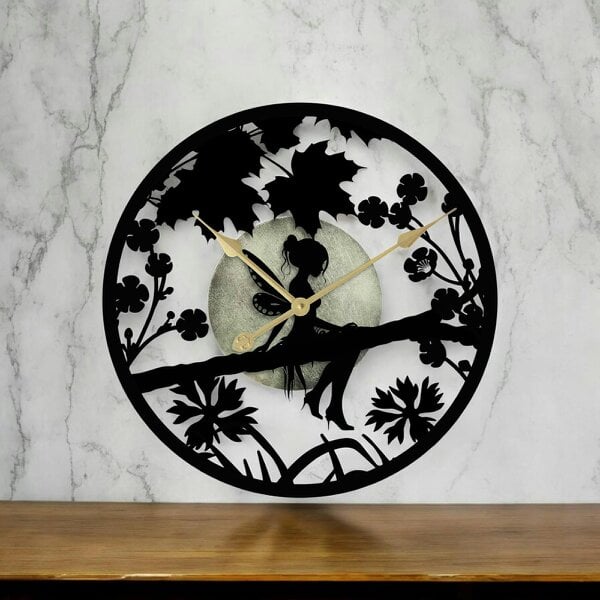 EDH Door Hardware Fairy in Forest Silhouette Wall Clock – Large Metal Decorative Indoor & Outdoor Clock for Garden, Living Room and Patio