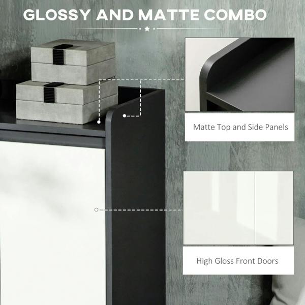 Shoe cabinet with high-gloss white front doors and matte grey side panels