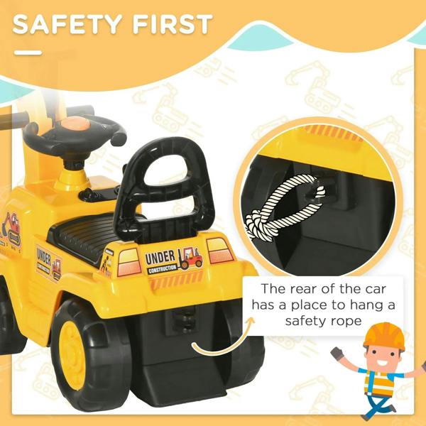 Yellow ride-on excavator tractor pull cart rear with safety rope attachment area