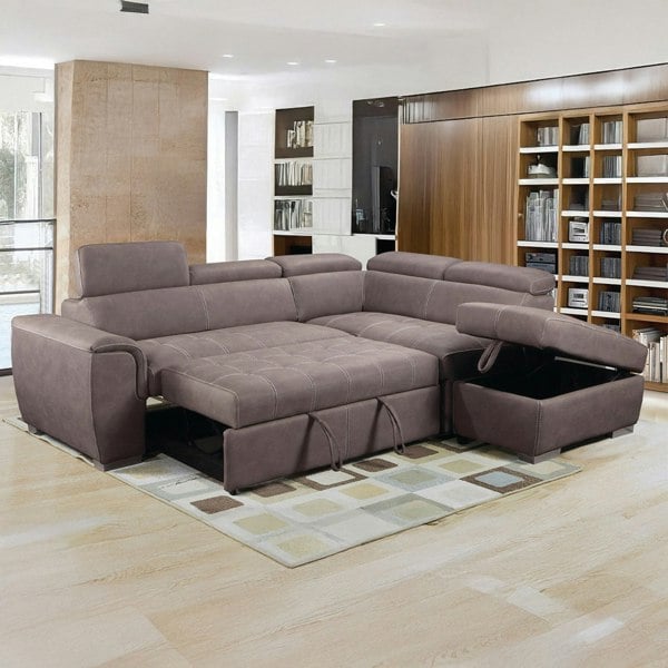 Furnishings For Less Nevada Mushroom Suede Corner Sofa Bed Tilting Headrest + Storage Ottoman