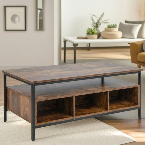 Rafaelo Mobilia Industrial Wooden Coffee Table With Storage Shelves