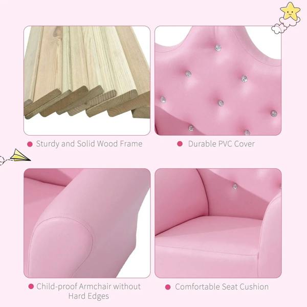 Pink kids armchair with tufted backrest, rounded arms, and padded seat cushion