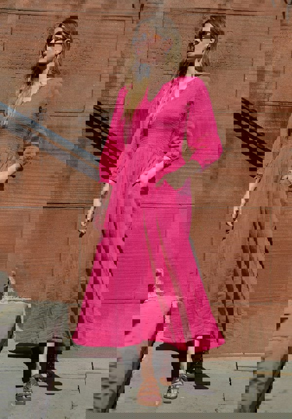 Paulina Shirred Bodice Midi Dress In Pink - image 4