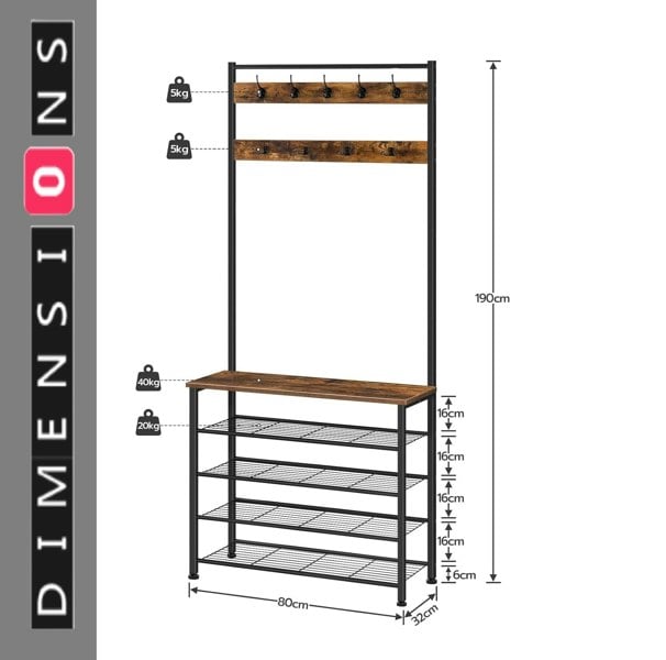 Modcraft Industrial Coat Stand with Shoe Storage - Hall Tree with 9 Hooks
